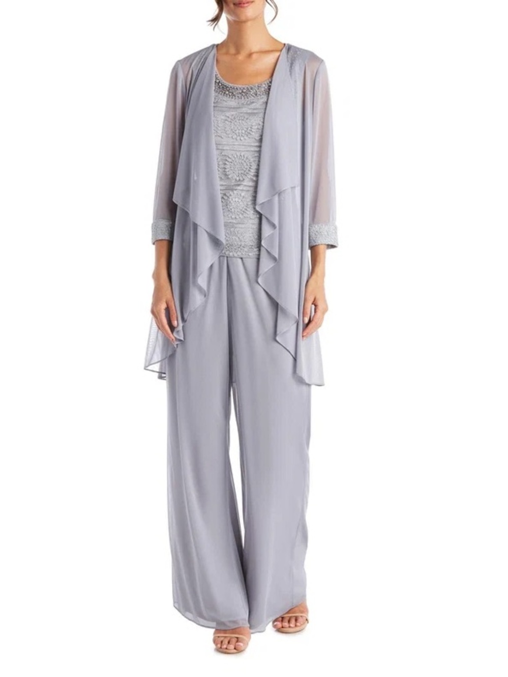 R&M Richards Silver Grey Beaded Lace Wide-Leg Jumpsuit 3 piece Set NWT Size 18 - Picture 3 of 17